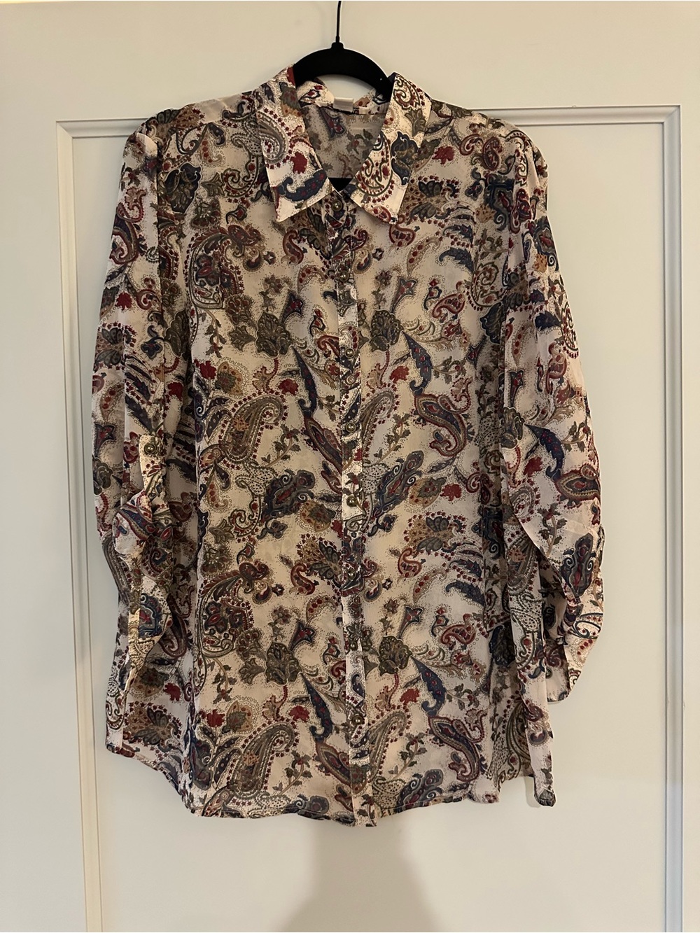 Sheer Paisley Button-Up Long Sleeve Top - Cream Multi